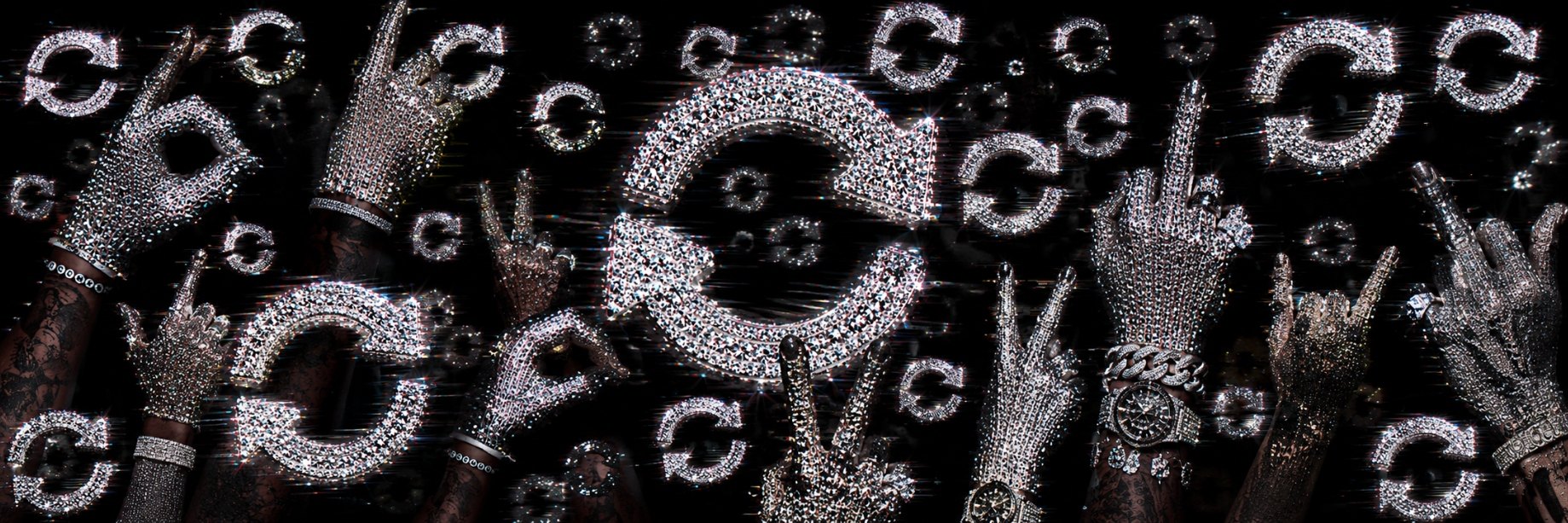 rows of diamond-encrusted gloved hands forming refresh symbols on black